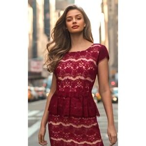 Anthropologie Maeve Lace Dress Womens Size Small Red Elsa Cap Sleeve Stretch EUC